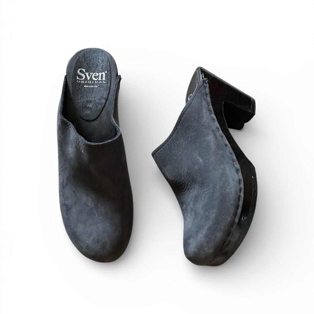 Sven Black Suede Clog Mules with Stacked Heel